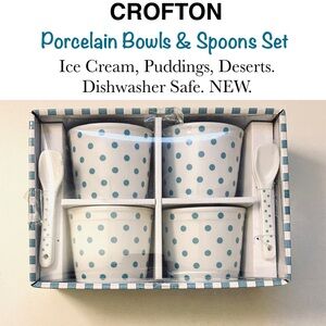 Porcelain Bowls Spoons Set Polka Dot Ice Cream Deserts Serving Dish 🍨
